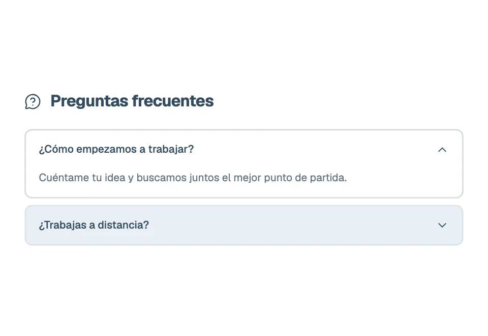Two frequently asked questions, with the answer to Cómo empezamos a trabajar expanded.