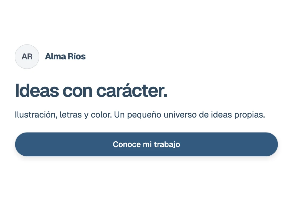 Introduction of Alma Ríos with initials, headline, bio and contact button.