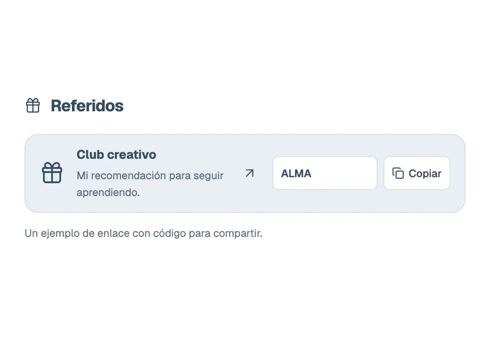 Recommendation of a creative club with the code ALMA and a Copy button.