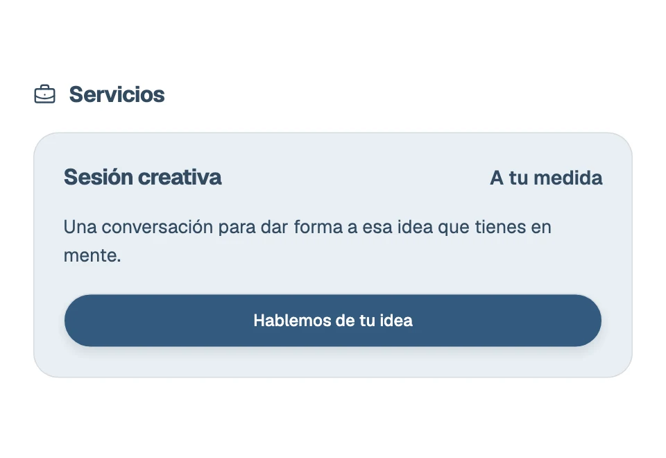 Creative session service with description, custom price and contact button.